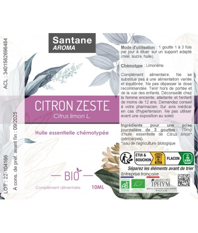 CITRON ZESTE Huile essentielle - SANTANE® - PHYTOTHERAPIE - AROMATHERAPIE - PLANTES - SANTE NATURELLLE