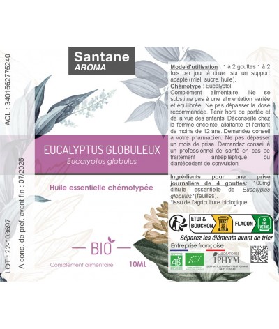 EUCALYPTUS GLOBULEUX Huile essentielle - SANTANE® - PHYTOTHERAPIE - AROMATHERAPIE - PLANTES - SANTE NATURELLLE