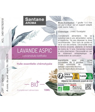 LAVANDE ASPIC Huile essentielle - SANTANE® - PHYTOTHERAPIE - AROMATHERAPIE - PLANTES - SANTE NATURELLE