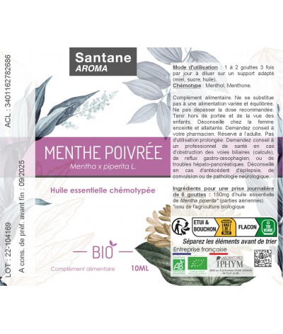 MENTHE POIVREE Huile essentielle - SANTANE® - PHYTOTHERAPIE - AROMATHERAPIE - PLANTES - SANTE NATURELLE