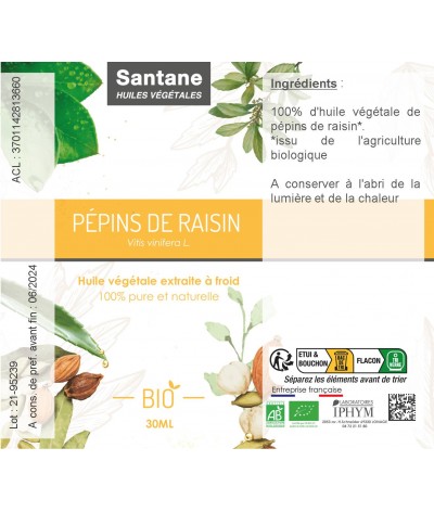 Pépins de Raisin - Huile Végétale - SANTANE - BIO - PHYTOTHERAPIE - PLANTES