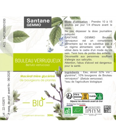 BOULEAU VERRUQUEUX Macérat glycériné - SANTANE® - COMPLEMENT ALIMENTAIRE - PHYTOTHERAPIE - PLANTES